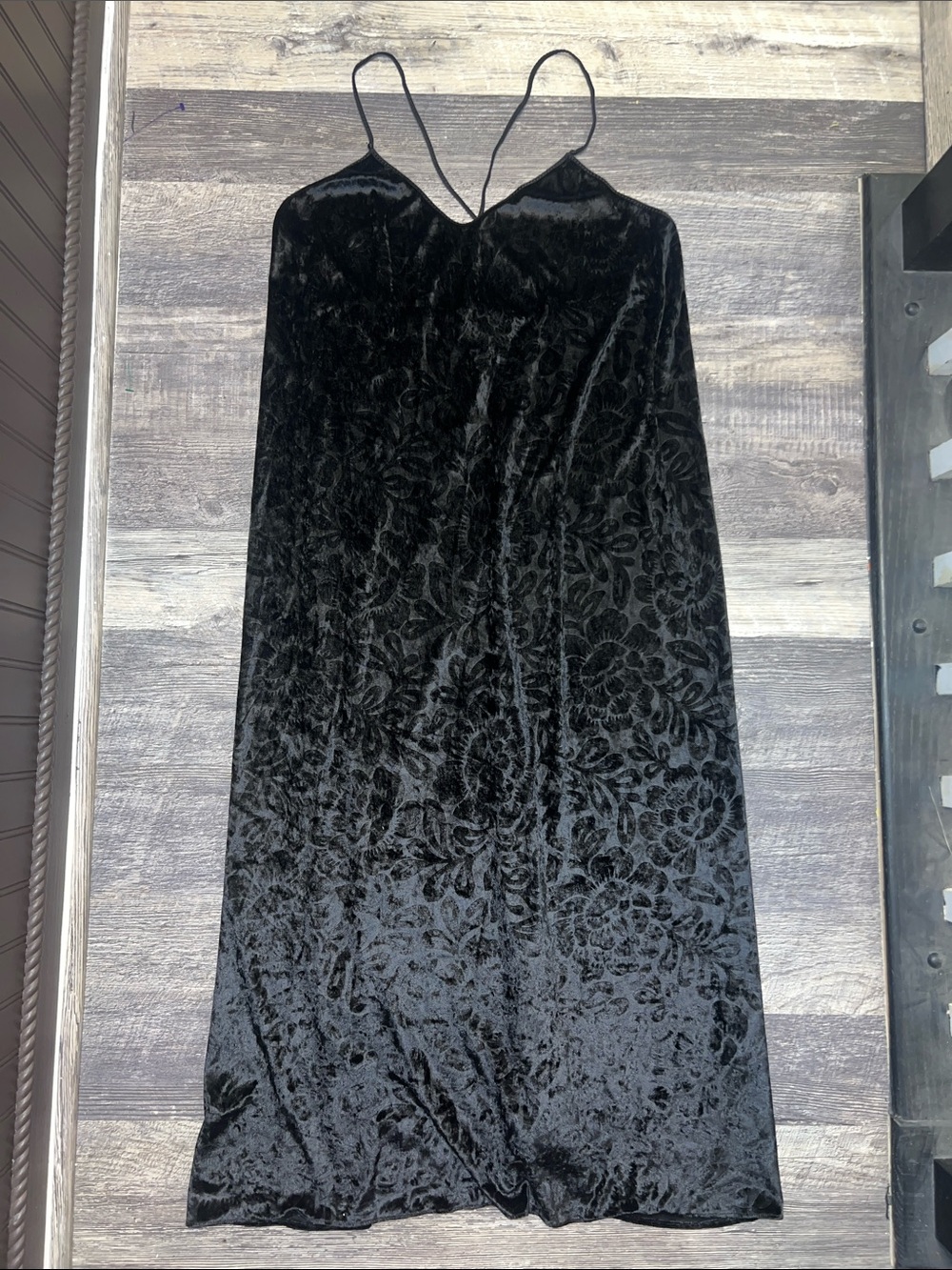 Mary McFadden Black Crushed Velvet Floral Slip Maxi Dress Large USA Whimsigoth